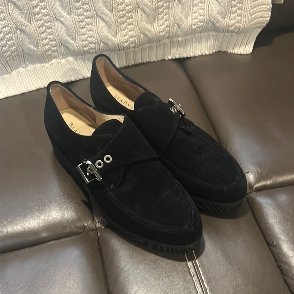 Marvin K. black suede monk strap shoes, made in Italy and in size 8.5